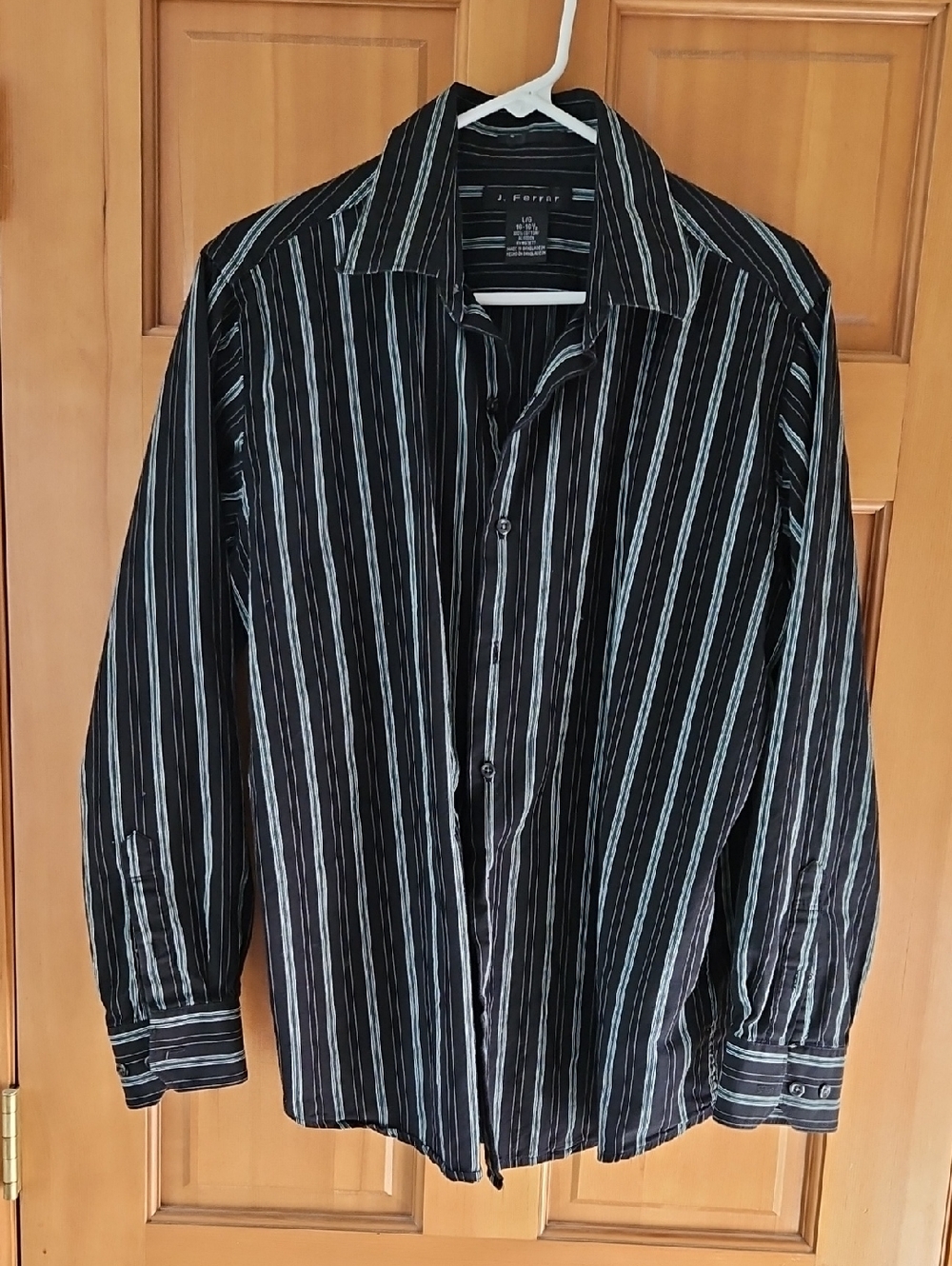 J Ferrar Size L 16-16.5 Black Stripe Shirt with Teal and White Stripes - Picture 2 of 13